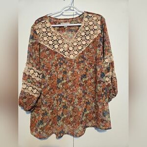 Boho Floral Crochet Trim Blouse